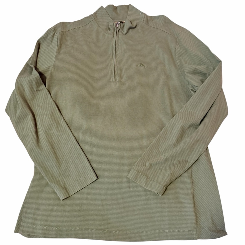 Tommy Bahama‎ Sweater Mens Large Green Striped 1/4 Zip Logo Pullover